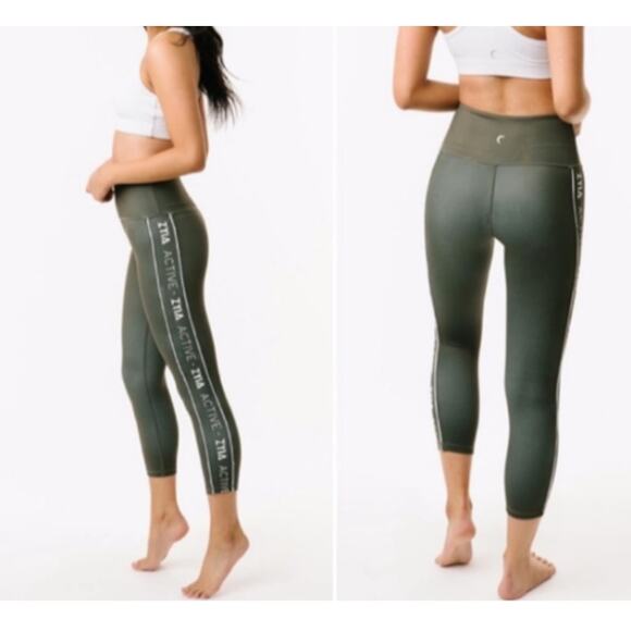 Zyia Active Olive Green Logo Spell Stripe Light N Tight Capri Leggings High Rise - Picture 3 of 9